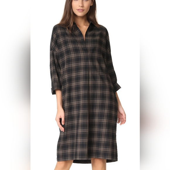 Vince Plaid Easy Pullover Cotton Dress in Military Size Small V-Neck 3/4 Sleeve - Picture 2 of 13